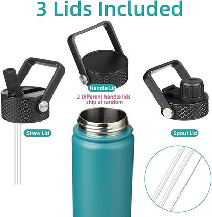 Insulated Water Bottle 24oz Stainless Steel Sport Bottles with 3 Lids,Light Blue
