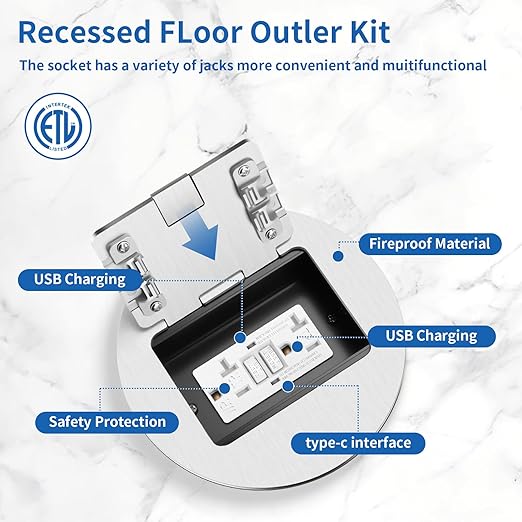 Vagueior Recessed Floor Electrical Outlet Kit, Circular Hidden Duplex GFCI Outlet,20A Tamper-Resistant Receptacle Outlet，Waterproof Electrical Outlet Covcer Box,UL Certified,Silver（2 Pack