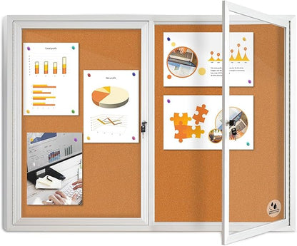 Lockable Outdoor Enclosed Bulletin Board, Weatherproof Cork Noticeboard with Locking Door, Wall-Mounted Aluminum Framed Display Case for Messages (Silver Frame & Cork, 44x32 in)
