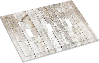 Vintage Light Wood Retro Rustic White Gray Oak Print Decorative Switch Plates 3 Gang Wall Plate Triple Toggle Light Switch Cover Faceplate Electrical Wall Panels for Farmhouse Home Decor