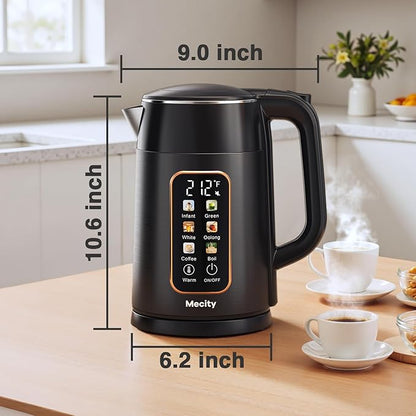 Mecity Electric Kettle 1.7L Touch Screen Temperature Control Water Boiler, No Plastic Contact with Water. 6 Preset Temperature Programs, 2 Hours Keep Warm, Black