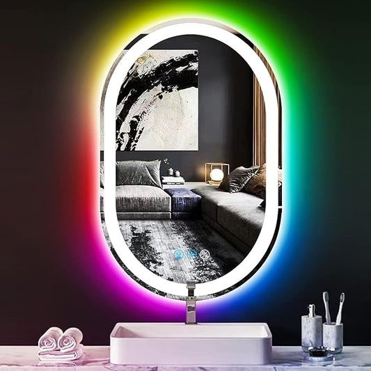 24 x 16 Inch RGB Oval Bathroom Mirror with Smart Dimmable 3 Color Front Lights & Rainbow Colorful Changing Backlit Oval Lighted Vanity Mirror for Bathroom Wall Horizontal or Vertical Mounted