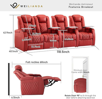 Weilianda Home Theater Seating Top Grain Leather Zero Gravity Recliner Chair Power Headrest Recline Movie Seat Gaming 7 Colors Mood Light Sofa with Tray Table USB Charge Row of 4 Loveseat Left Red