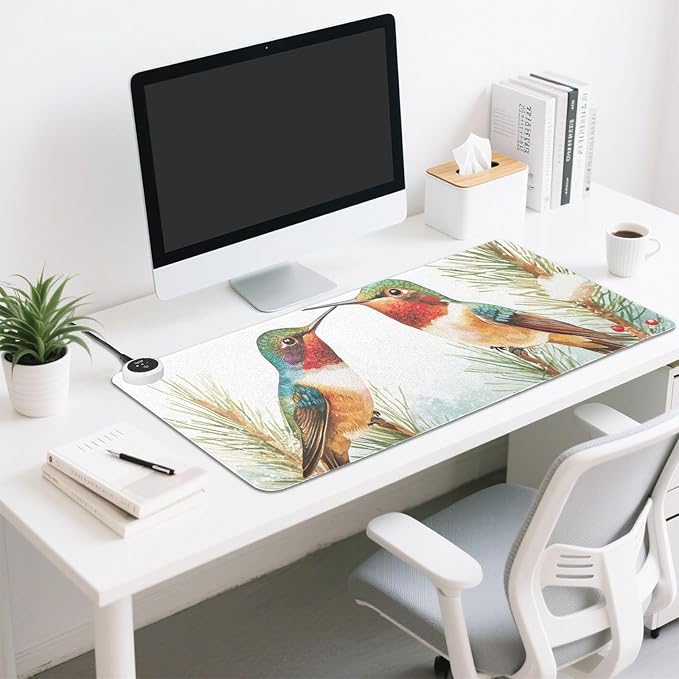 Heated Desk Pad Mouse Pad 31.5x13 Inch PU Leather Desk Mat with 3 Heat Levels Large Mouse Gaming Computer Laptop Mat Cartoon Hummingbirds and Pine Tree