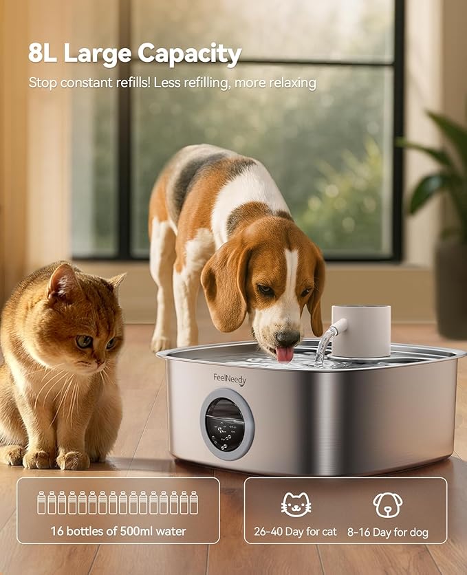 Cordless Dog Water Fountain, 5000mAh Battery Operated Water Fountain for Dogs, Stainless Steel Cat Water Fountain for Multi-Cats & Small-Medium Dogs, 8L Automatic Pet Water Fountain, Easy to Clean