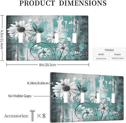 Light Switch Covers Teal Daisy Floral Vintage Wood Plank Quad Toggle Electrical Faceplate 4 Gang Wall Plate Decorative Switch Plates For Farmhouse Cabin Decor