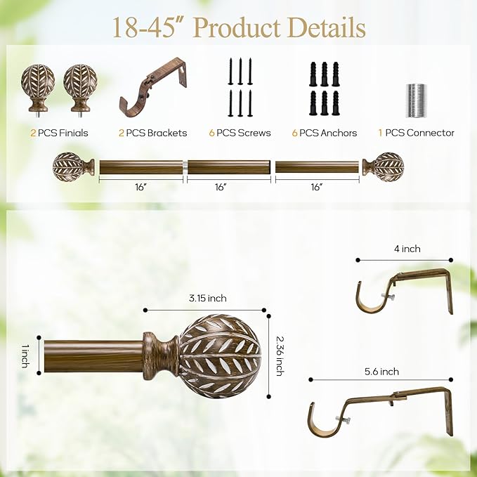Boho Wooden Curtain Rods for Windows 28 to 48 Inches(2.3-4 ft), Adjustable-Heavy Duty 1" Diameter Drapery Rod with Imitation Wood-Grain Leaf-Pattern Finials - for Living Room & Bedroom，18-45''