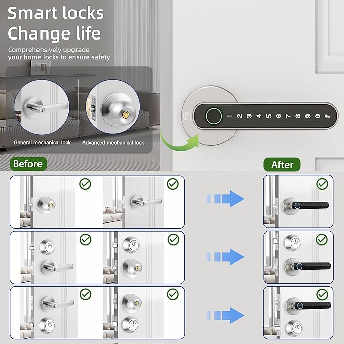 Smart Electronic Fingerprint Door Lock, Keyless Entry with Handle, Codes, APP, IC Cards, Fingerprints, Keys, for Home Bedroom Apartment (Silvery)