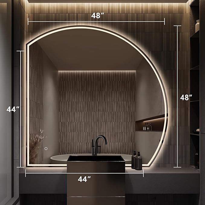 Niccy Half Moon Led Mirror for Bathroom, 48" Semi Round Backlit Mirror for Wall Lighted Mirror with Frameless 3 Color, Defogger, Explosion-Proof, HD Glass and IP65 Vanity Mirror