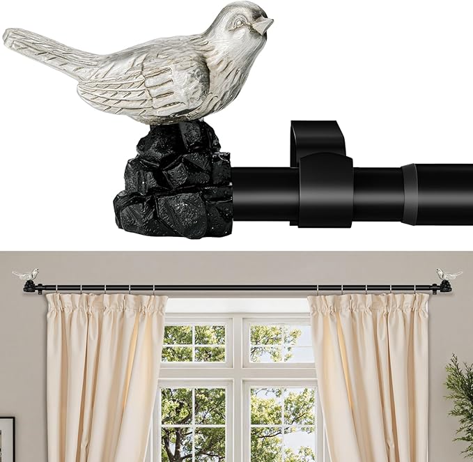 Vintage Pewter Curtain Rod 36 to 72 Inches Curtain Rods for Windows Adjustable Heavy Duty Drapery Rod with Bird Finials for Living Room Bedroom