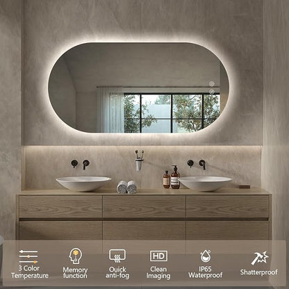 48"x24" Oval Led Mirror for Bathroom, Frameless Vanity Mirror with Lights, Modern Lighted Bathroom Mirror Wall Mounted, Anti Fog Smart Mirror with 3 Colors Dimmable, Vertical/Horizontal