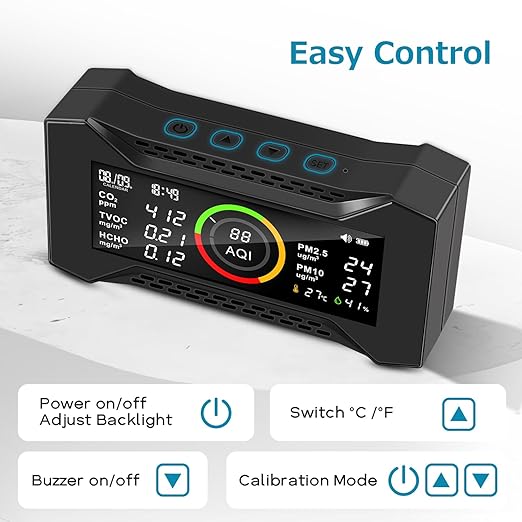 8-in-1 Air Quality Monitor Indoor, Portable Air Quality Tester CO2 Monitor (PM2.5, PM10, CO2, VOC, Formaldehyde, Humidity, Temp) 2600mAh Long-Lasting Battery Sleep-Friendly Display