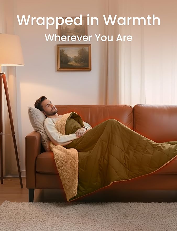 ZonLi Z-Walk Battery Operated Heated Blanket,Rechargeable 12v Portable Heated Blanket with 3 Heating Levels,Includes 20000mAh Power Bank,for Camping,Car,Stadium,Outdoors(Army Green)