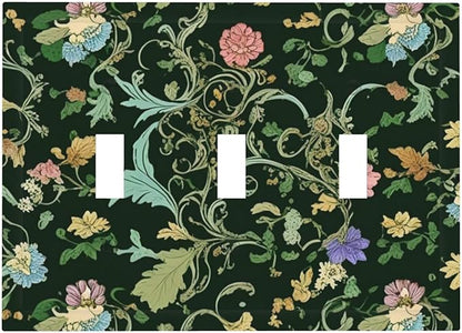 Decorative Light Switch Cover Plate Vintage Green Leaf Plant Rustic Pink Flower 3 Gang Wall Plate Oversized Triple Toggle Switch Cover Plate Jumbo Faceplate for Home Decor