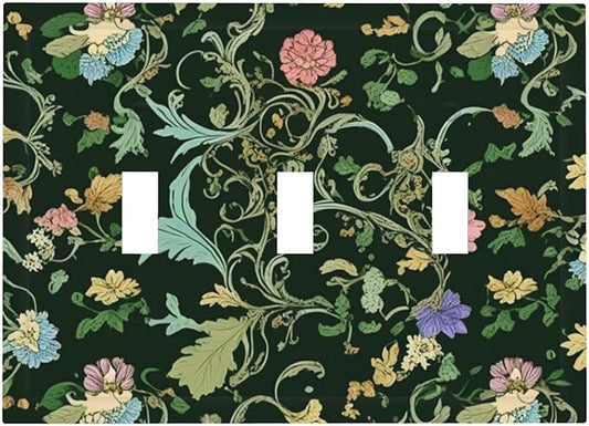 Decorative Light Switch Cover Plate Vintage Green Leaf Plant Rustic Pink Flower 3 Gang Wall Plate Oversized Triple Toggle Switch Cover Plate Jumbo Faceplate for Home Decor