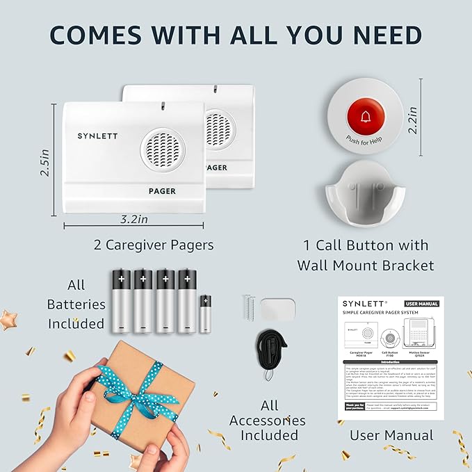 2 Caregiver Pagers with 1 Call Button SOS Alert System for Elderly Seniors Patients Home Care Nurse Call Bed Alarm Emergency Monitoring