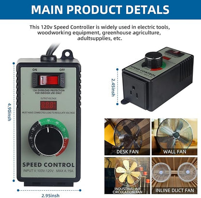 Versatile AC Motor Speed Controller - 100V-120V, 15A Max - Electric Fan Speed Regulator with Overload Protection, Electronic Voltage Regulation, and Voltage LED Display