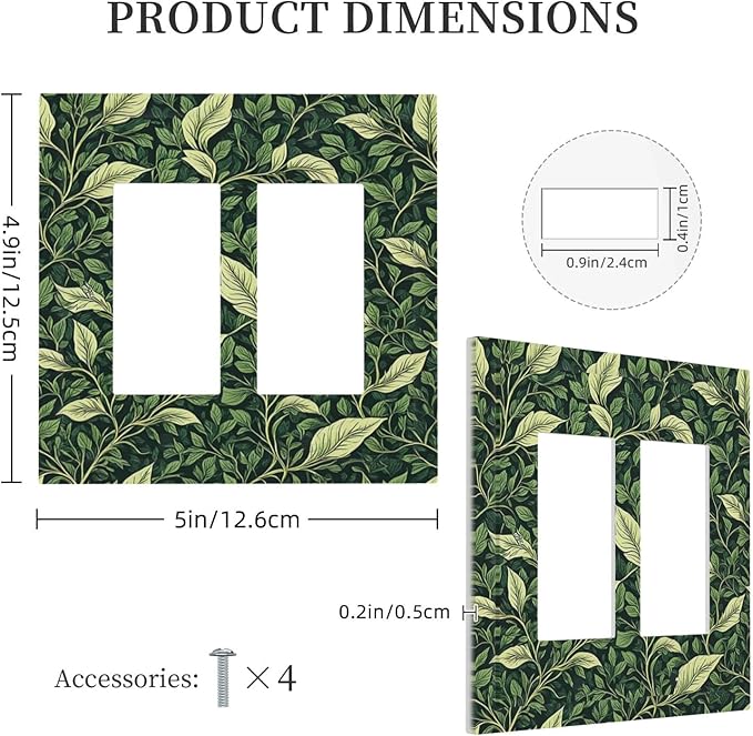 Vintage Green Plant Leaves Outlet Covers Light Switch Cover Plate 2 Gang Double Rocker Wall Plates Decorative Switch Plates Plug Cover Electrical GFCI Receptacle Cover for Home 4.9 X 5 IN