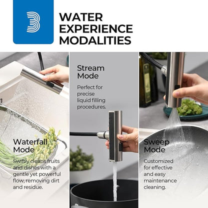 WEWE Waterfall Kitchen Faucet with Pull Down Sprayer, 3 Modes(Sweep/Stream/Waterfall) Rotary Switch Mode Stainless Steel Kitchen Sink Faucet Single Lever Handle Brushed Nickel Sink Fuacet