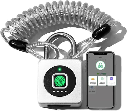 Pothunder Fingerprint Padlock, Fingerprint Lock with APP, Padlock with Steel Cable Keyless Biometric, Waterproof Suitable for Gym, Locker, Helmet, Gate, Fence, Luggage