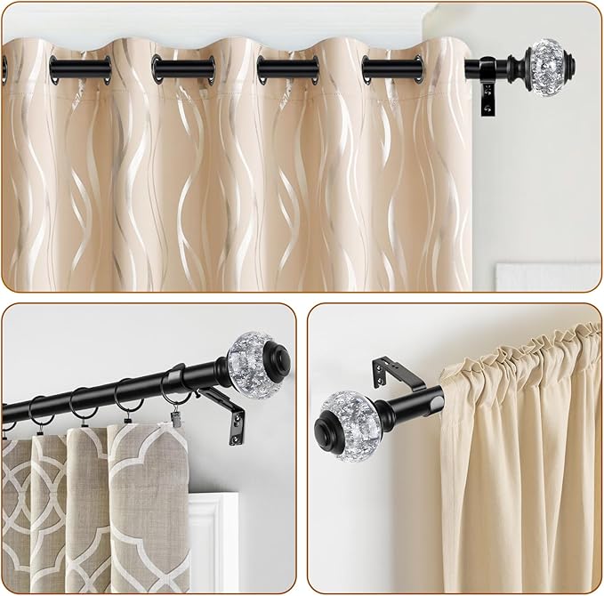 2 Pack Black Curtain Rods, 1 Inch Telescoping Drapery Rod 28 to 48 inch (2.3 to 4 ft), USFOOK Curtain Rods for Windows, Silver Translucent Finials