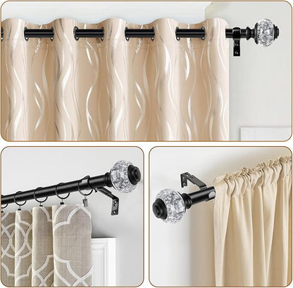 2 Pack Black Curtain Rods, 1 Inch Telescoping Drapery Rod 28 to 48 inch (2.3 to 4 ft), USFOOK Curtain Rods for Windows, Silver Translucent Finials