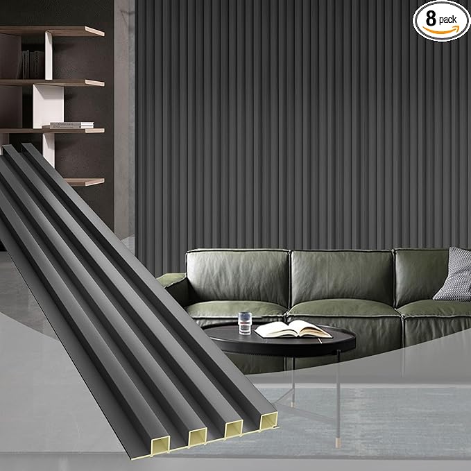 OUZUGIE WPC Acoustic Slat Wall Paneling, 8-Pack 96 x 6 Inches 3D Wall Panels for Interior Wall Decor,Living Room,TV Background,Study Room,Non-Metal Laths,High Grille (Metallic Dark Gray)