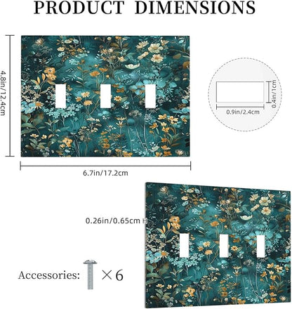 Decorative Switch Plates Green Leaf Floral Boho Golden Flower Plant 3 Gang Wall Plate Triple Toggle Light Switch Cover Faceplate Electrical Wall Panels For Bed Room Cabin Decor