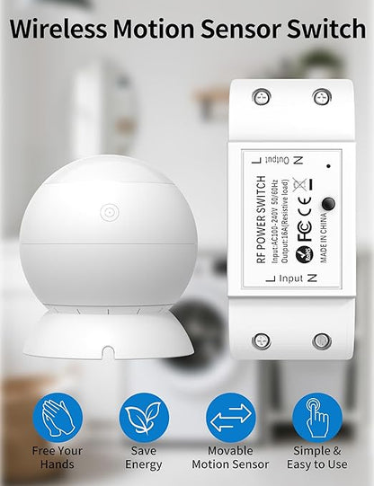 Wireless Motion Sensor Switch Kit with Split Sensor & Switch, PIR Motion Activated Power Switch with Timer, Indoor Motion Detector for Lights & Exhaust Fan (110V-120V) of Bathroom, Garage