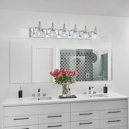 Modern Glass Crystal Vanity Light - Vintage Bathroom Lighting Fixtures Over Mirror, 6 Light Vanity Lights G9 Bulb (43.3 Inch, Chrome)