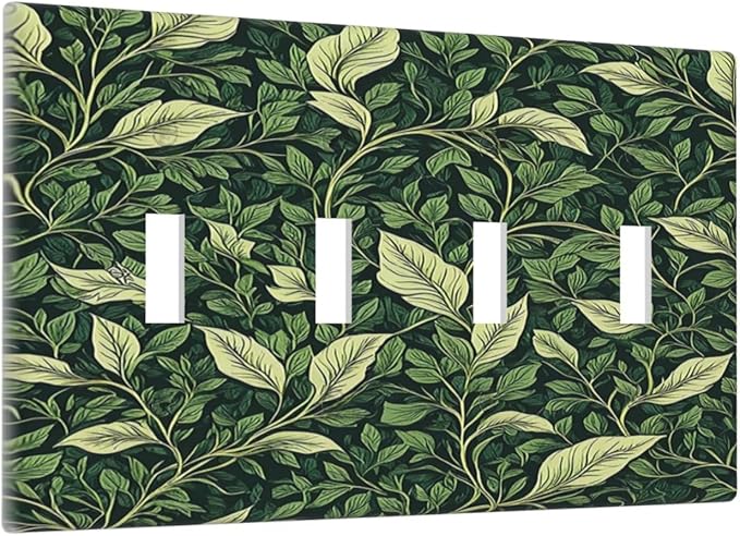 Light Switch Cover Plate Vintage Green Plant Leaves Quad Toggle Wall Plates Decorative Switch Plates 4 Gang Outlet Covers Electrical Panel Cover Faceplate for Home Decor 4.5 X 8 IN