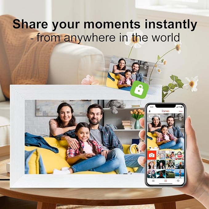 Frameo 10.1 Inch Smart WiFi Digital Photo Frame,Digital Picture Frame Wi-Fi with 32GB Storage & SD Slot, Electronic Picture Frame IPS Touch Screen with Auto-Rotate, Frameo Digital Frame WiFi -White