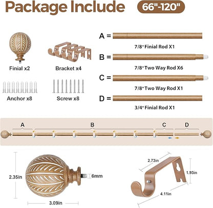 KAMANINA Wood Curtain Rods for Windows 66 to 120 Inch(5.5-10ft), 1 Inch Adjustable Drapery Rod, Decorative Heavy Duty Curtain Rods with Leaf Pattern Finials, Wood Grain