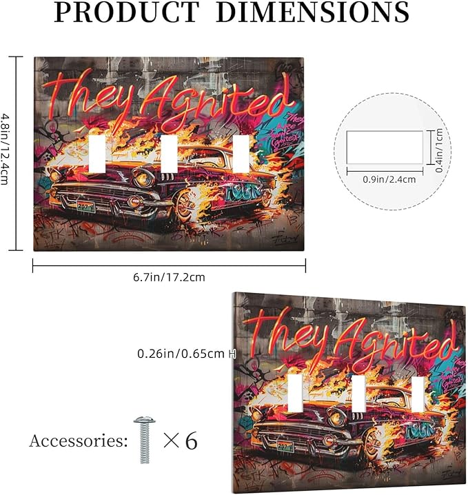 Decorative Switch Plates Hip Hop Street Graffiti Flame Car 3 Gang Wall Plate Triple Toggle Light Switch Cover Faceplate Electrical Wall Panels for Bedroom living Room Decor