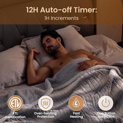 Bearhug Electric Blanket Full Size 77" x 84", 10 Heat Settings Heated Blanket, 1-12 Hour Auto Shut-Off, Faux Fur & Sherpa Dual-Sided Heating Blanket, Machine Washable, Gift-Ready Elegant Packaging