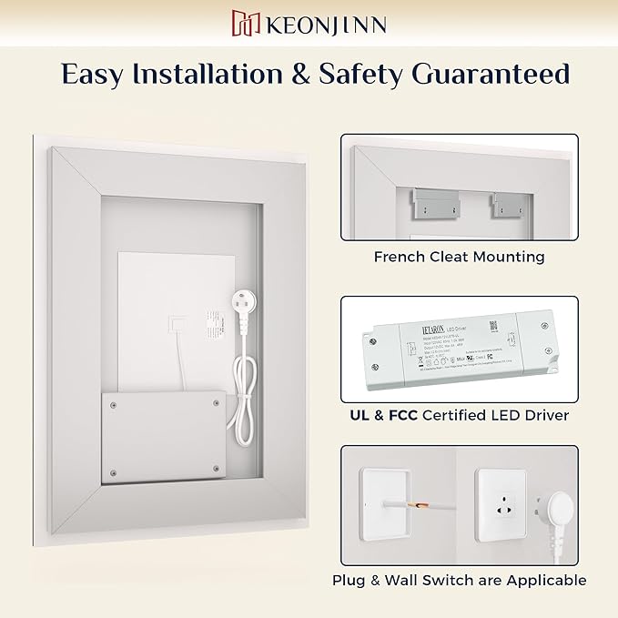 Keonjinn 40" x 24" Lighted Mirror for Bathroom Wall, LED Bathroom Mirror with Lights, Frontlit & Backlit Mirror with Dimmable 3-Color Temperature, HD Tempered Glass, UL-Listed LED Driver
