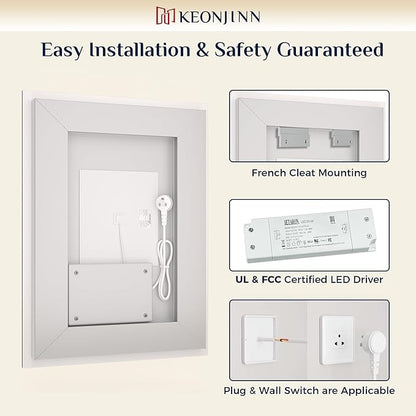 Keonjinn 55 ” x 36 ” Lighted Mirror for Bathroom Wall, LED Mirror with Frontlit & Backlit, Bathroom Mirror with Lights, Dimmable 3-Color Lights, HD Tempered Glass, UL-Listed LED Driver