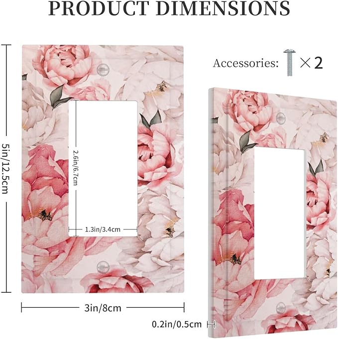 Decorative Outlet Covers Ink Pink Peony Flower Rustic Floral 1 Gang Rocker Light Switch Cover Plate Single Decora Light Switch Covers Wall Plate Faceplate for Home Decor （2 Pack）