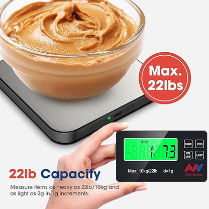 Mik-Nana Food Scale, 22lb Digital Kitchen Scale with 7 Units LCD Display & Tare Function, Stainless Steel Weight Grams and Ounces for Baking, Cooking and Meal Prep (Batteries Included)