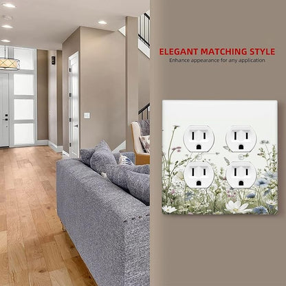 Colorful Wildflowers Daisy Plant Butterfly Floral Outlet Covers 2 Gang Double Duplex Decorative Light Switch Covers Electrical Wallplates Socket Faceplate for Bed Room Living Room Decor