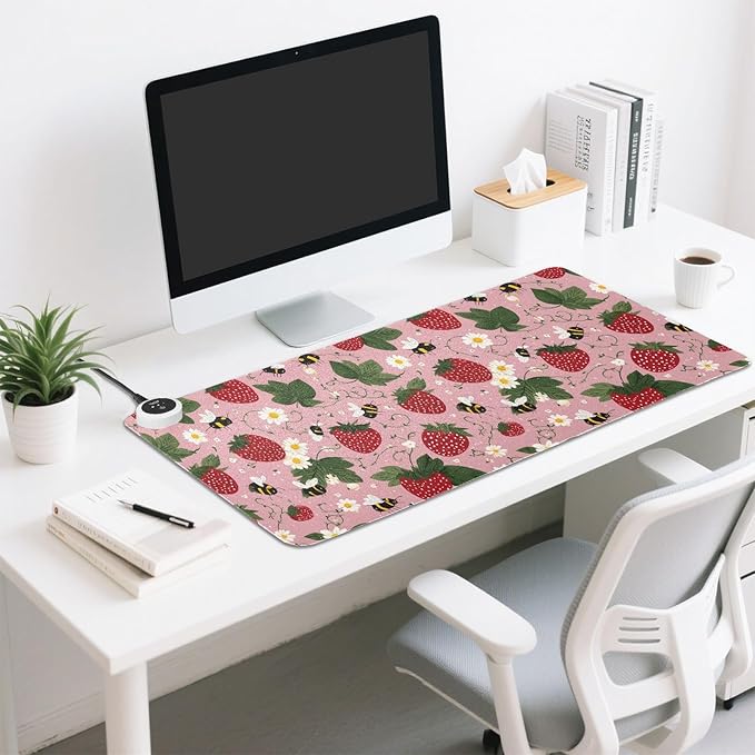 Heated Desk Pad Mouse Pad 31.5x13 Inch PU Leather Desk Mat with 3 Heat Levels Large Mouse Gaming Computer Laptop Mat Pink Bees Flowers Strawberry