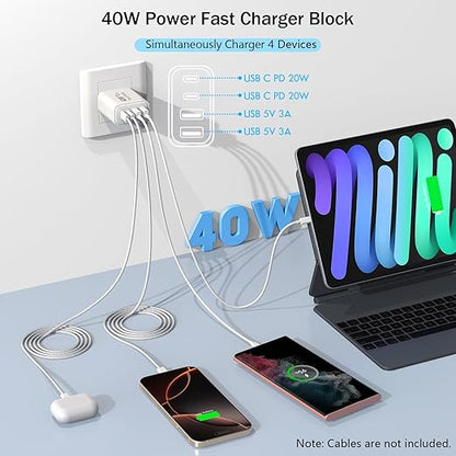 USB C Charger Block, 2Pack 40W 4-Port USB C iPhone Charger Fast Charging Plug Dual Port PD Power Adapter + QC Double Block Multi-port Brick Type C Box Plug for iPhone 16/15/14/13/12/11/Pro Max/XS,iPad