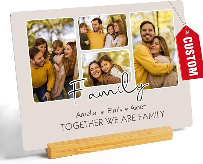 Custom Photo Prints - Metal Desktop Picture Frame with Photos & Name & Wooden Base Personalized Gifts for Family Friends and Lovers, Optional Multiple Sizes