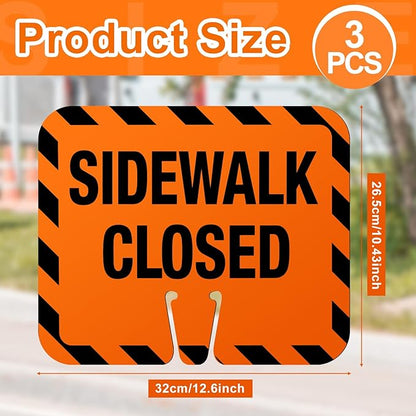 3 Pcs Plastic Sidewalk Closed Sign Bulk for Traffic Cones Top Road Warning Signs 10.4" Height x 12.6" Width x 0.05" Thickness for Outdoor Barricade Construction Caution