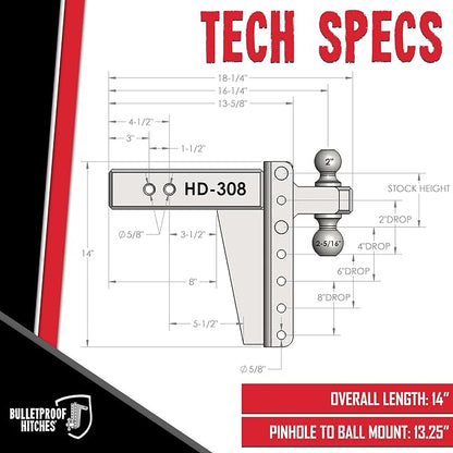 BulletProof Hitches - 3.0" Adjustable Heavy Duty Trailer Hitch (22,000 lb. Rating) - 8" Drop/Rise Trailer Hitch with 2" & 2-5/16" Dual Ball - Powder Coat, Solid Steel, Corrosion-Resistant
