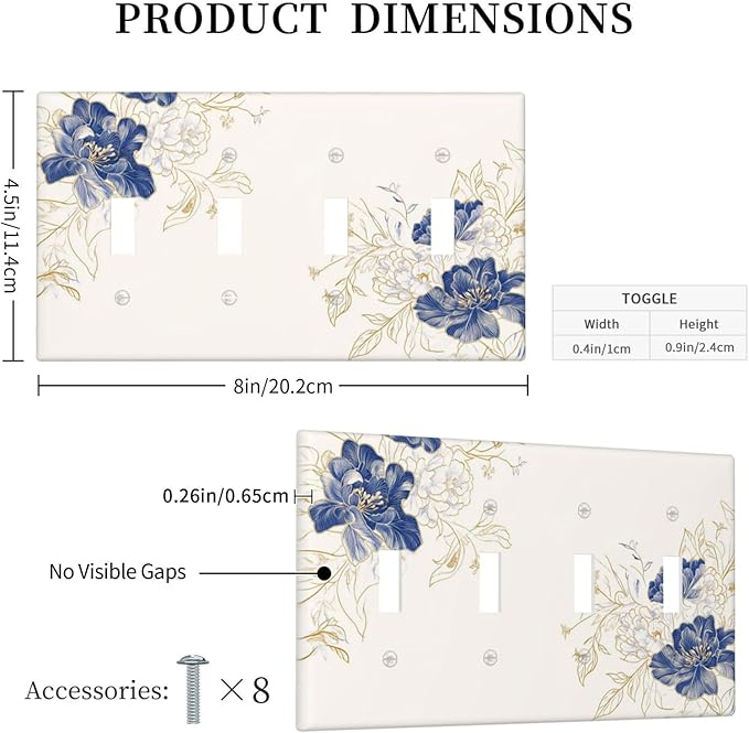 Decorative Light Switch Cover Plate Rustic Blue Flower Floral Gold Leaf 4 Gang Wall Plates for Electrical Outlets Quad Toggle Switch Plate Covers Outlet Covers Faceplate for Home Decor