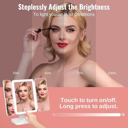 EASEHOLD Vanity Mirror with Lights, 2X 3X Magnification, Trifold, Rechargable, Touch Control - Gifts for Girls & Women