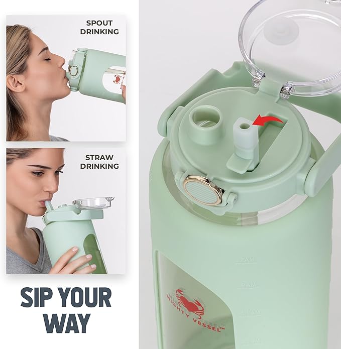 64 oz Glass Water Bottle with Straw Time Marker Half Gallon Motivational Tracker Bottles Large 2 Liter Drinking Jugs Big 2l Jug with Measurements Light Green