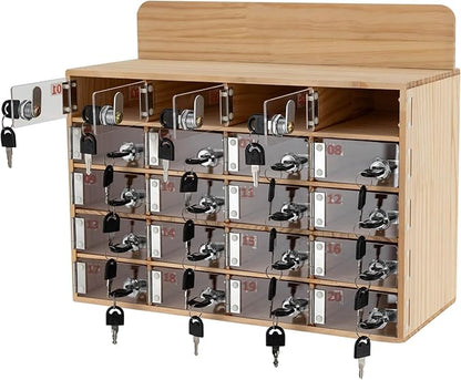 20 Slot Lockable Cell Phone Locker Box, Wall-Mounted/Freestanding Clear Acrylic & Wood Cell Phone Storage Cabinet with Door Locks and Keys for Classroom, Office, and School Employees