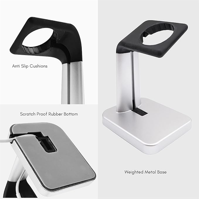 Macally Apple Watch Stand for Series Ultra 10 9 8 7 6 5 4 3 2 1 SE (49mm 45mm 44mm 42mm 41mm 40mm 38mm) - Apple Watch Charger Stand Dock Holder - Sleek Desk iWatch Charging Station - Silver